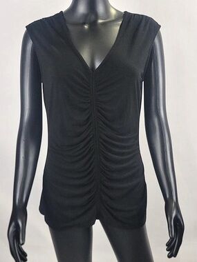White House Black Market Ruched V-Neck Top in Black Size Medium
